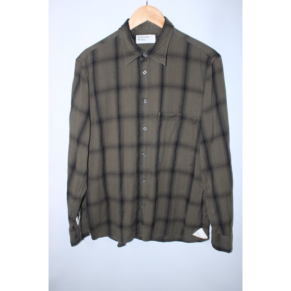 Universal Works Men's Medium Green Black Plaid Flannel Shirt
